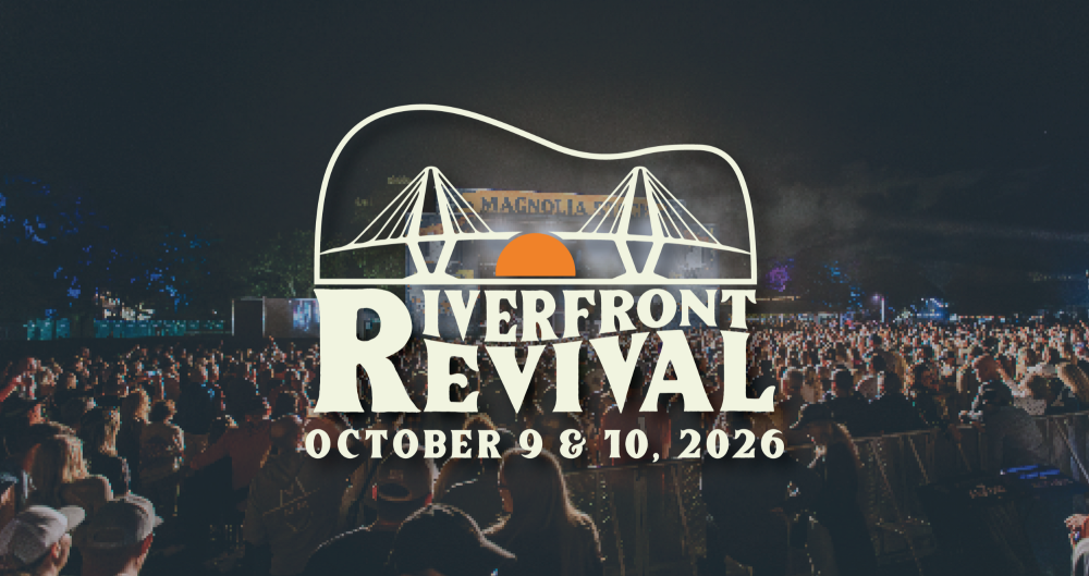 A large outdoor concert or festival scene with a crowd, a lit stage logo that reads “Diverfront Revival,” and the dates October 9 & 10, 2026.