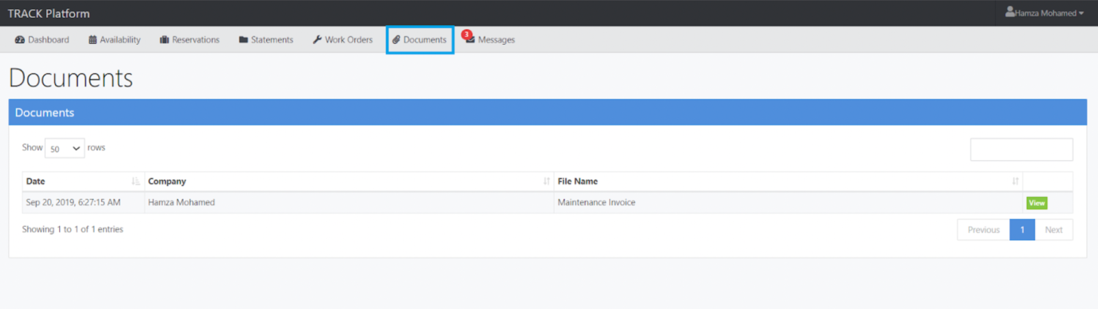 There’s a screenshot of a web app titled “Documents.” It shows a list with one entry: Date Sep 20, 2019; Company Hamza Mohamed; File Name Maintenance Invoice; a “View” button on the right, plus navigation controls.