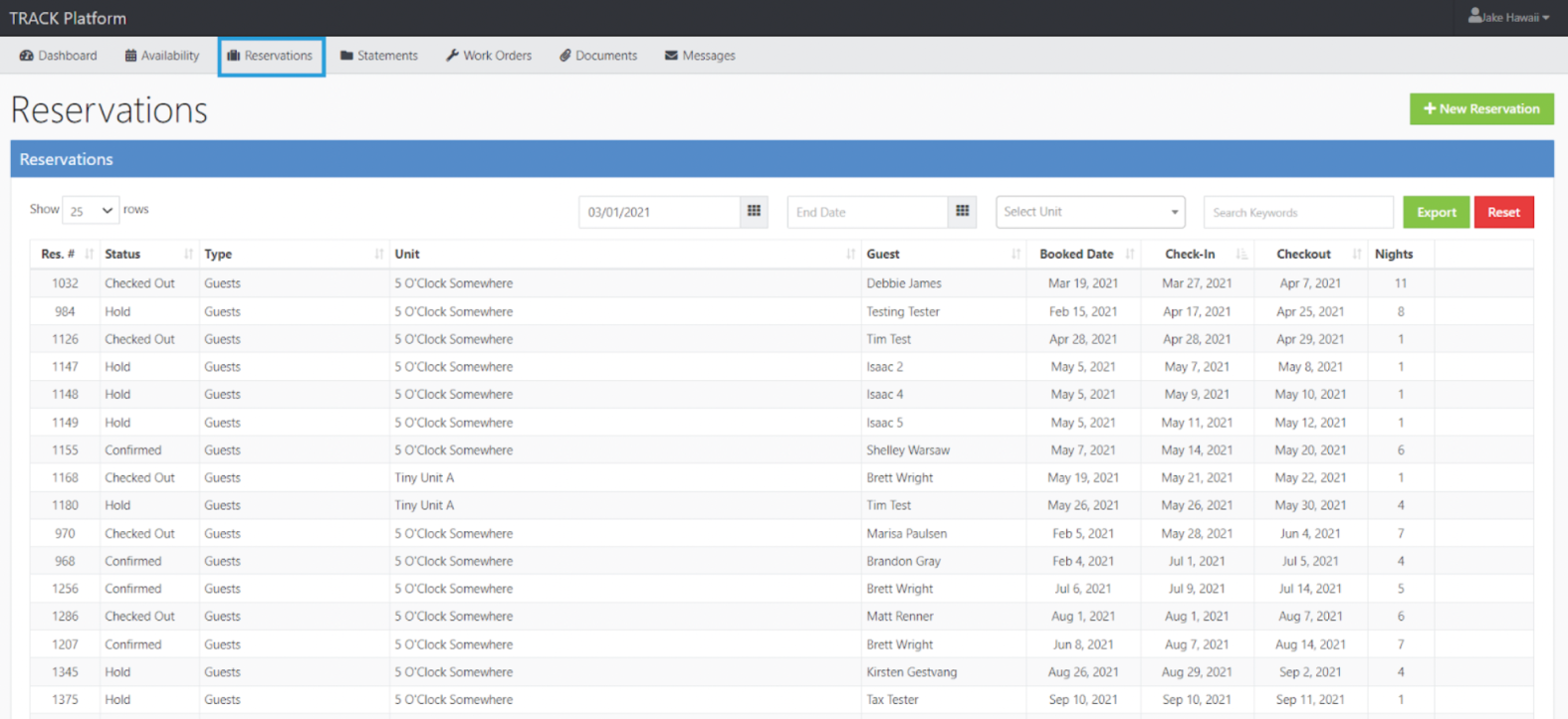 It shows a reservations dashboard listing guest bookings with details like reference, status, type, unit, guest, check-in/out dates, and room count, plus export and filter options.
