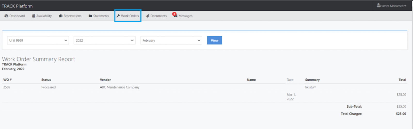 Work Orders tab shows a processed order from ABC Maintenance Company for “fix stuff” totaling $25.00 in February 2022.