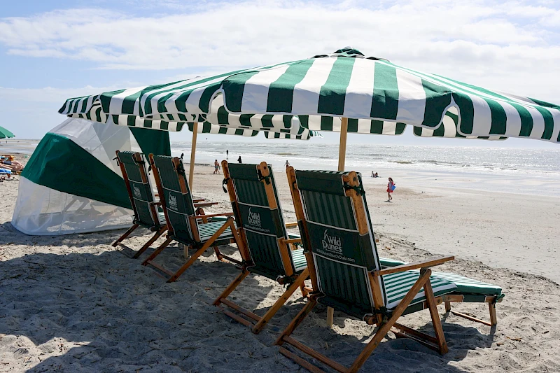 Beach scene with striped canopy, several green lounge chairs, and people near the shoreline under a sunny sky.