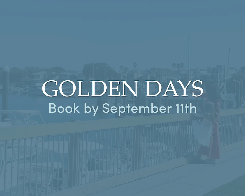 A blue-tinted banner reads “GOLDEN DAYS” with smaller text “Book by September 11th” over a seaside boardwalk backdrop, ending with a period.