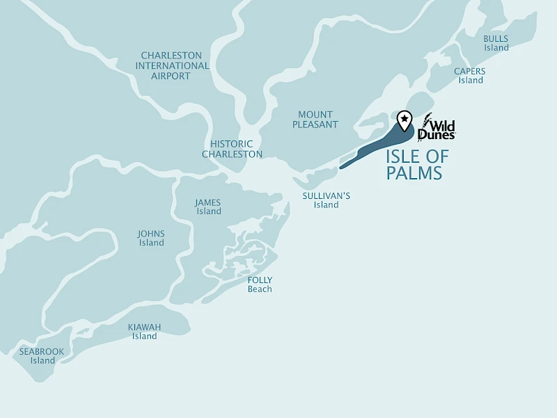 Wild Dunes Map showcasing location on Isle of Palms near Charleston on the South Carolina coast.
