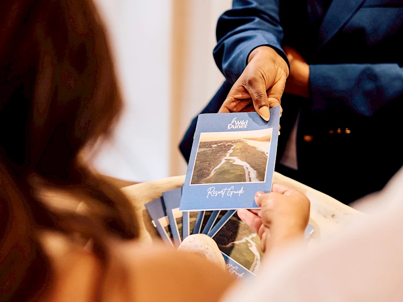 A person hands out blue-tinted cards or bookmarks with a scenic photo; others reach to grab them in a blurred setting.