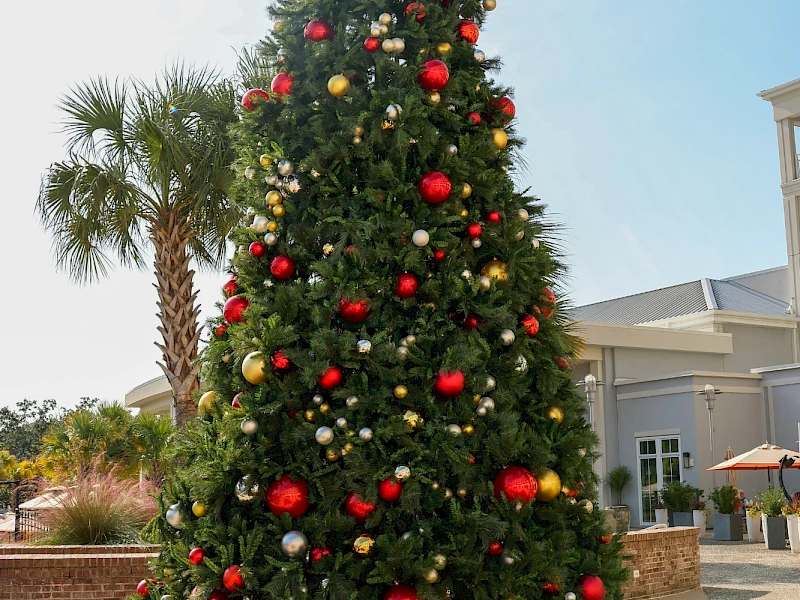 A tall decorated Christmas tree with red and gold ornaments stands near a patio, with a red sleigh in the foreground and sunny landscaping.