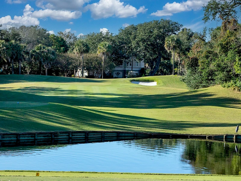 A sunny golf course scene with lush green fairways, a water hazard, trees in the background, and a blue sky with fluffy clouds.