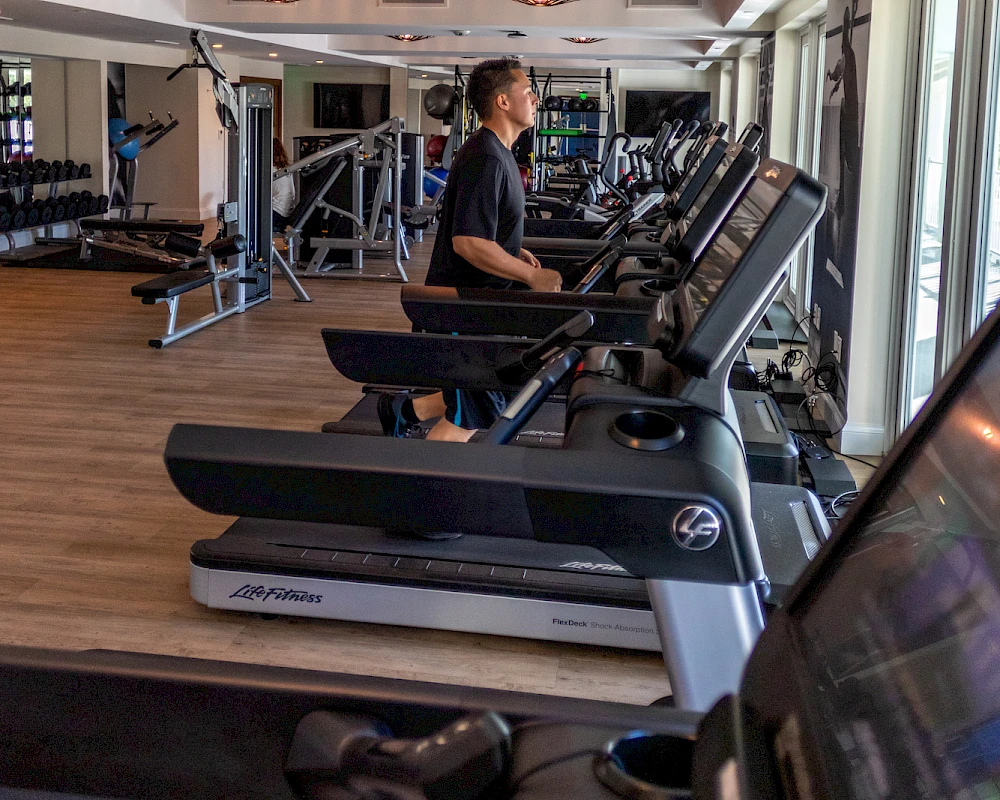 In a bright gym, a man runs on a treadmill while others and various cardio machines line a spacious, well-lit workout floor.