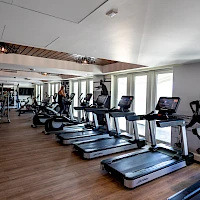 A spacious gym with multiple treadmills and people exercising, plus weight machines and mirrors along the back wall.