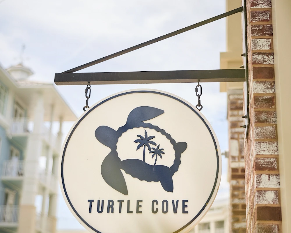 A round sign reads “Turtle Cove” with a turtle graphic and palm trees, hanging from a metal bracket by chains.