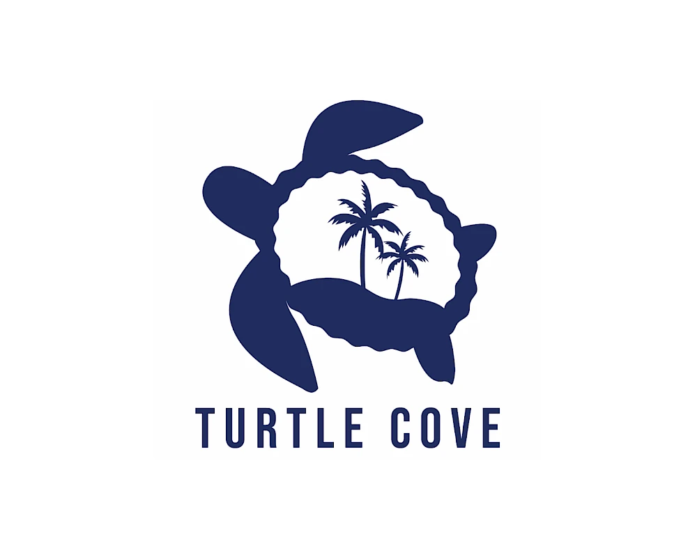 A blue turtle logo with palm trees and the words “TURTLE COVE.”
