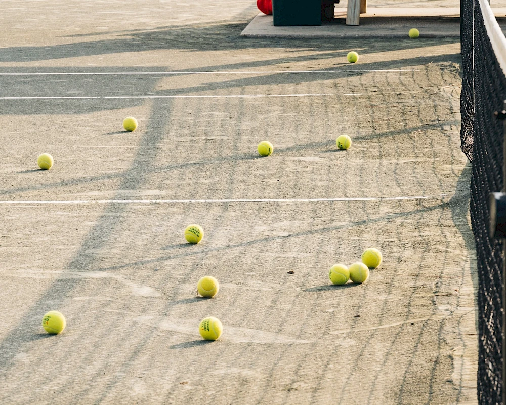Tennis balls scattered across a sunlit court near a net and fence, with lines and shadows creating a playful, messy scene.