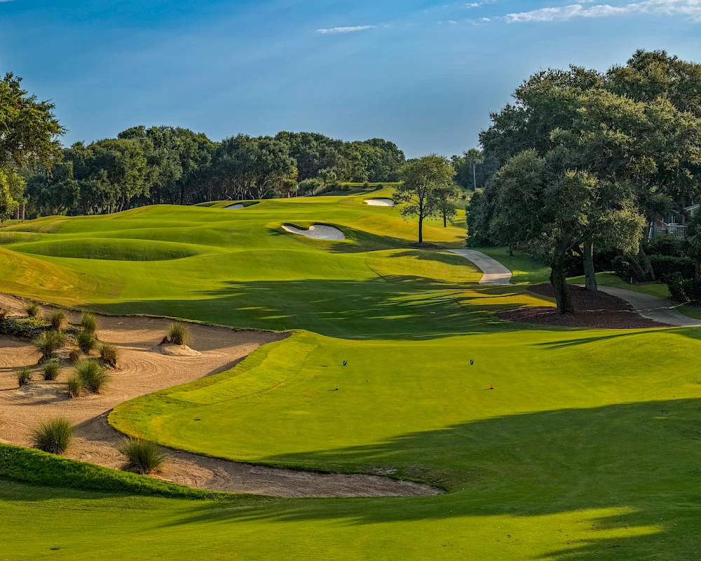 A lush golf course with rolling green fairways, sand traps, and trees along a sunny path, perfect for a round of golf.