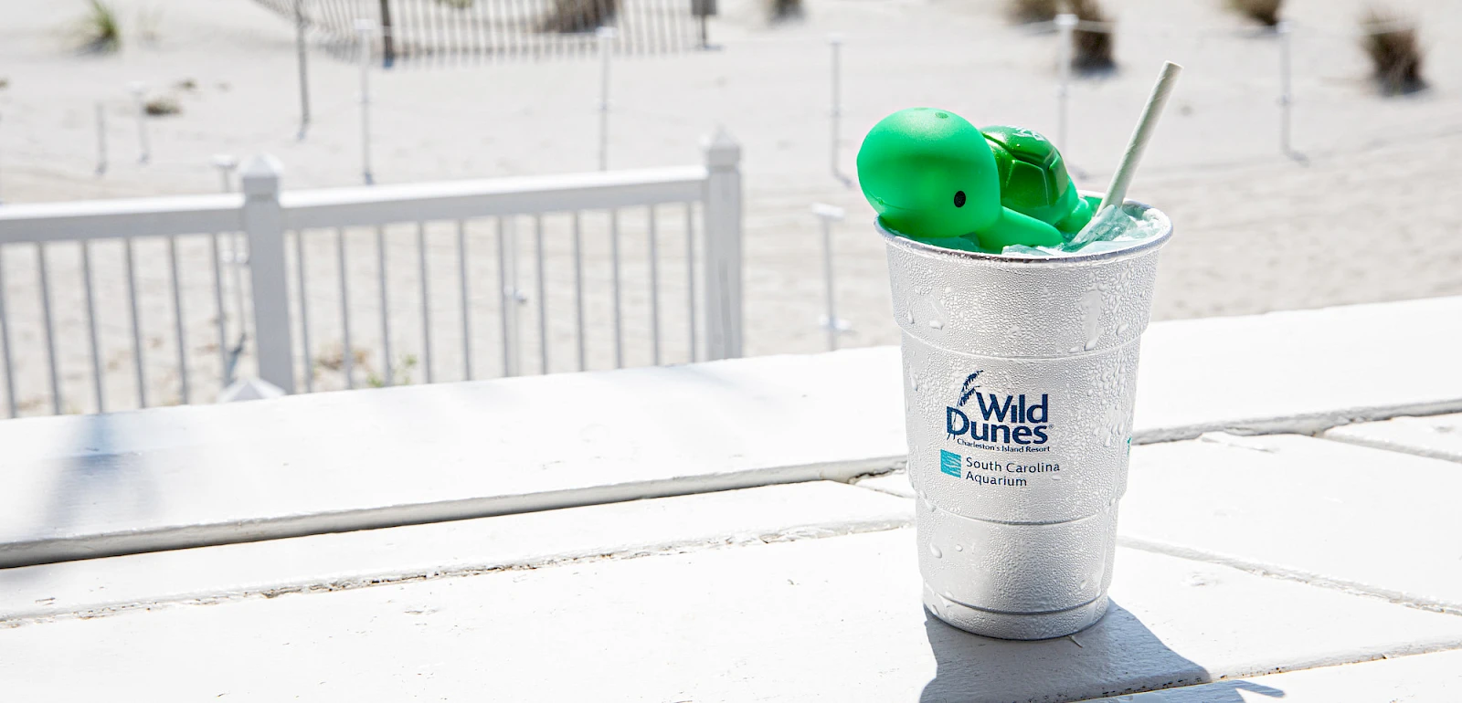 A metal cup labeled “Wild Dunes” with a green toy or paddle inside, on a sunlit outdoor surface near a white fence.