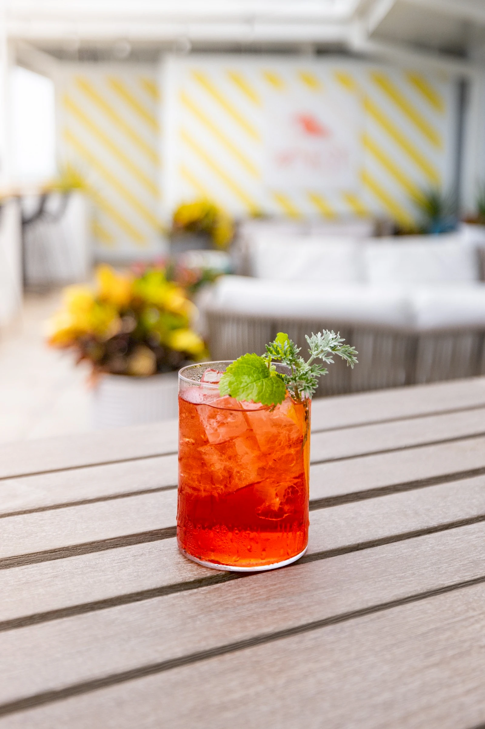A bright red cocktail with ice and a mint sprig sits on a wooden table, blurred outdoor lounge in the background.
