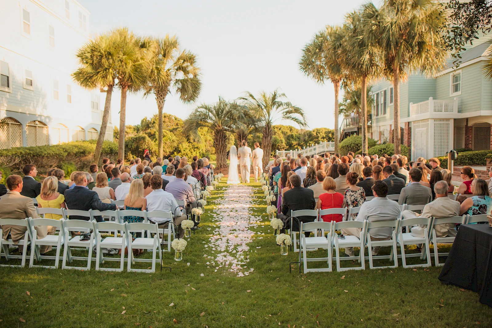 A sunny outdoor wedding aisle lined with white chairs, guests seated on both sides, palm trees, petals along the aisle, and a couple at the altar.