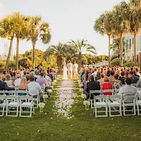 A sunny outdoor wedding aisle lined with white chairs, guests seated on both sides, palm trees, petals along the aisle, and a couple at the altar.