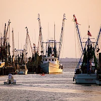 A harbor with several fishing boats docked at sunset, calm water, and a pink-orange sky, boats lined up along the quay.