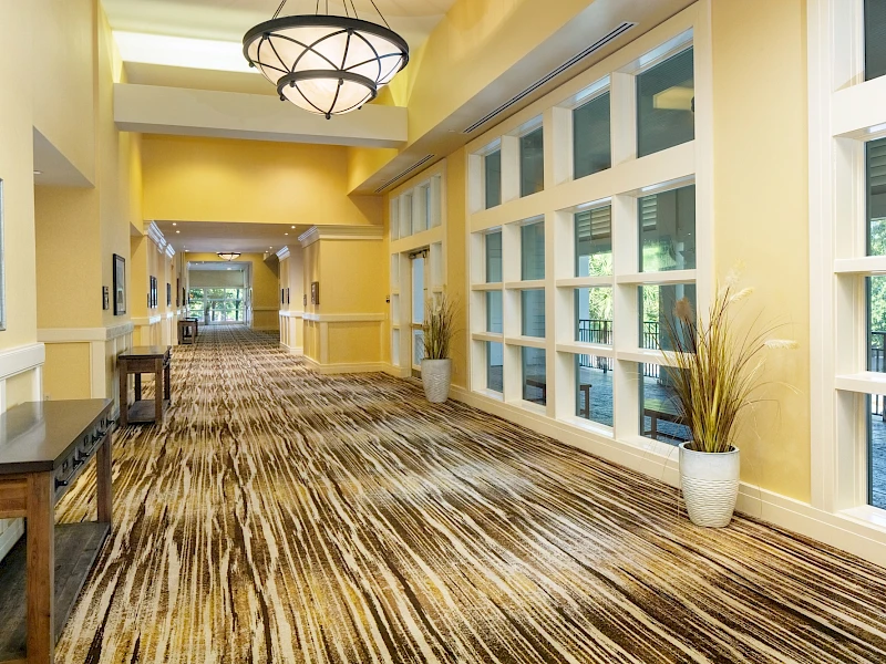A bright hotel hallway with yellow walls, large windows, striped carpet, potted plants, and modern light fixtures, long and inviting.
