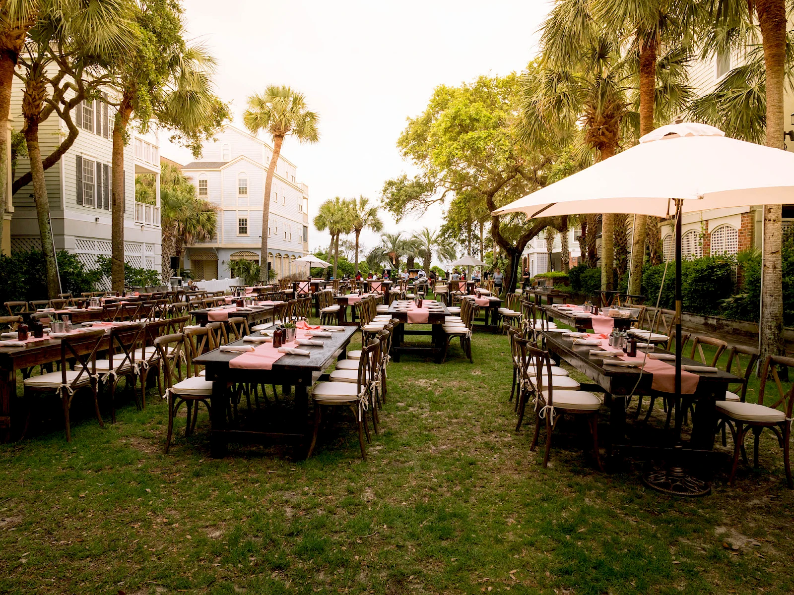 Outdoor cafe setup with rows of tables and chairs on a grassy area, palm trees, and umbrellas under a sunny sky.