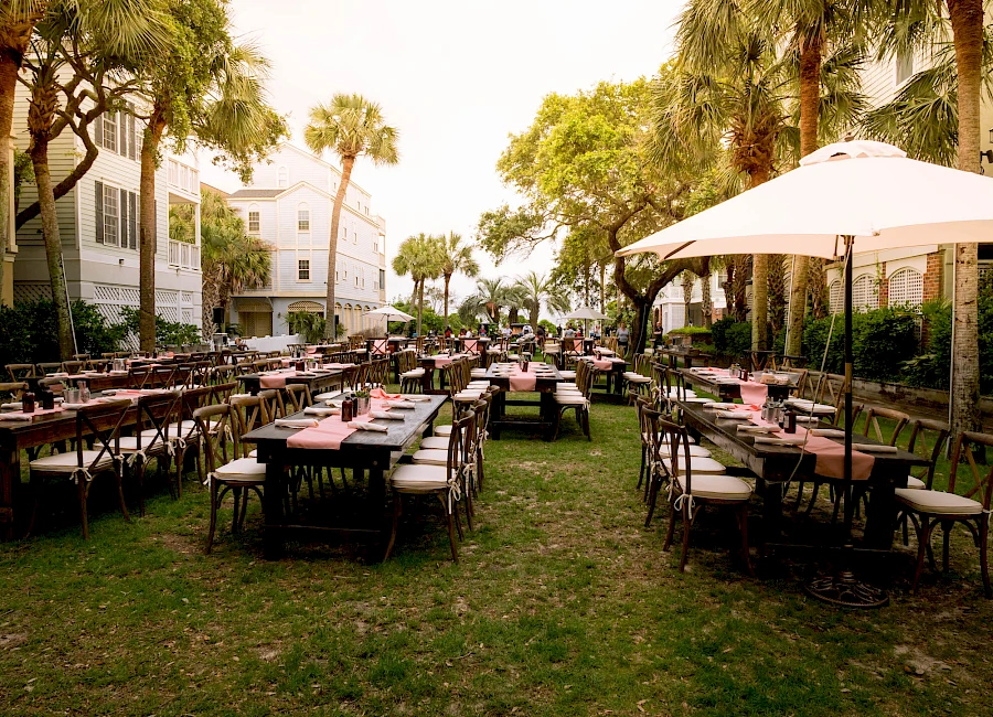 Outdoor cafe setup with rows of tables and chairs on a grassy area, palm trees, and umbrellas under a sunny sky.