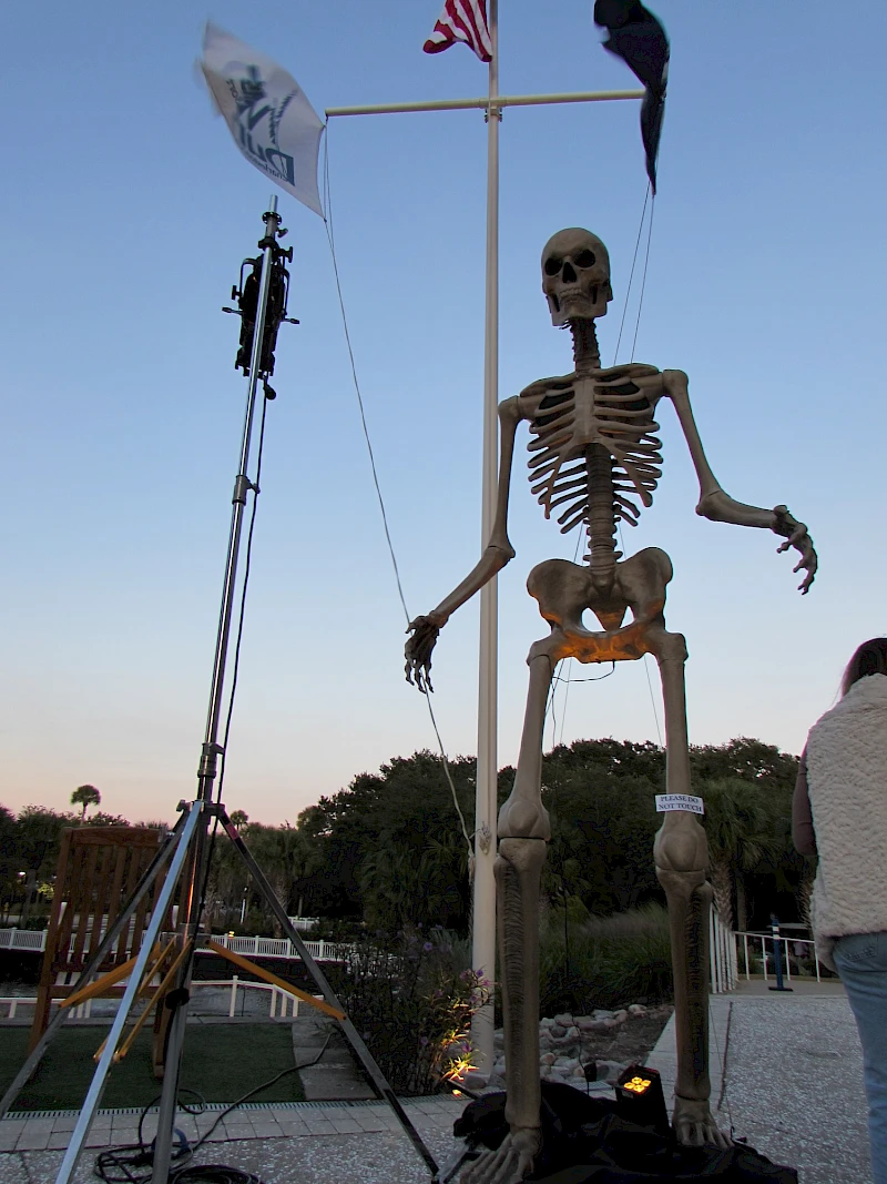 A tall skeleton perched on a pedestal beside flags, with a blue sky and people nearby on a rooftop or pier. End with a period.