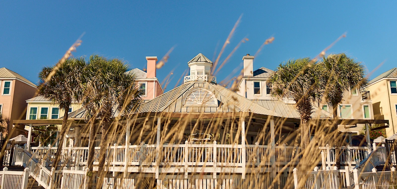 A row of pastel beach houses with a wooden deck, palm trees, and tall grasses in the foreground under a bright blue sky.