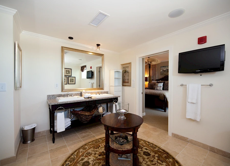 A bright hotel-style bathroom with a double sink vanity, large mirror, wall-mounted TV, towel rack, round rug, and a doorway to a bedroom; decor is clean and modern.