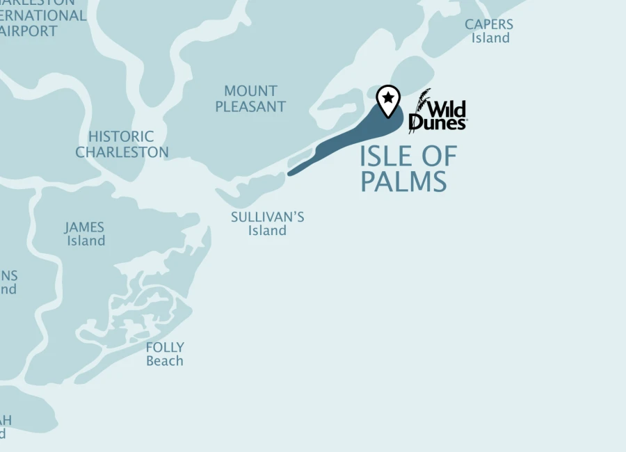 A map showing the Isle of Palms area with a marker at Wild Dunes on Sullivan’s Island, near Charleston, SC, in blue and white.