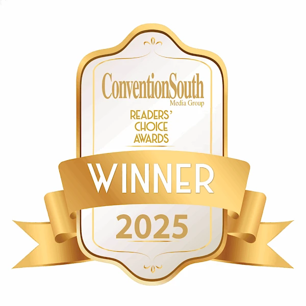 A gold winner badge reading “WINNER 2025” with a ribbon, from ConventionSouth Readers’ Choice Awards.