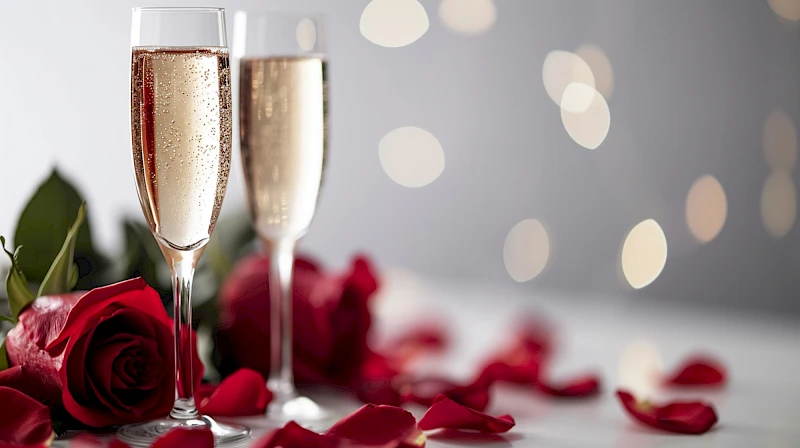 Two champagne flutes half-filled, sparkling cider or champagne, rose petals scattered, soft bokeh lights in the background, romantic celebration vibe.
