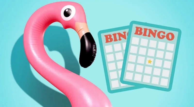 A pink flamingo inflatable float beside two BingO bingo cards on a turquoise background, hinting at tropical fun and game night vibes.