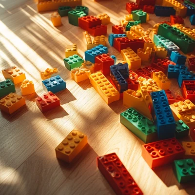 Colorful LEGO bricks scattered on a wooden floor, bathed in sunlight, creating playful shadows and tiny brick-mountains in chaos.