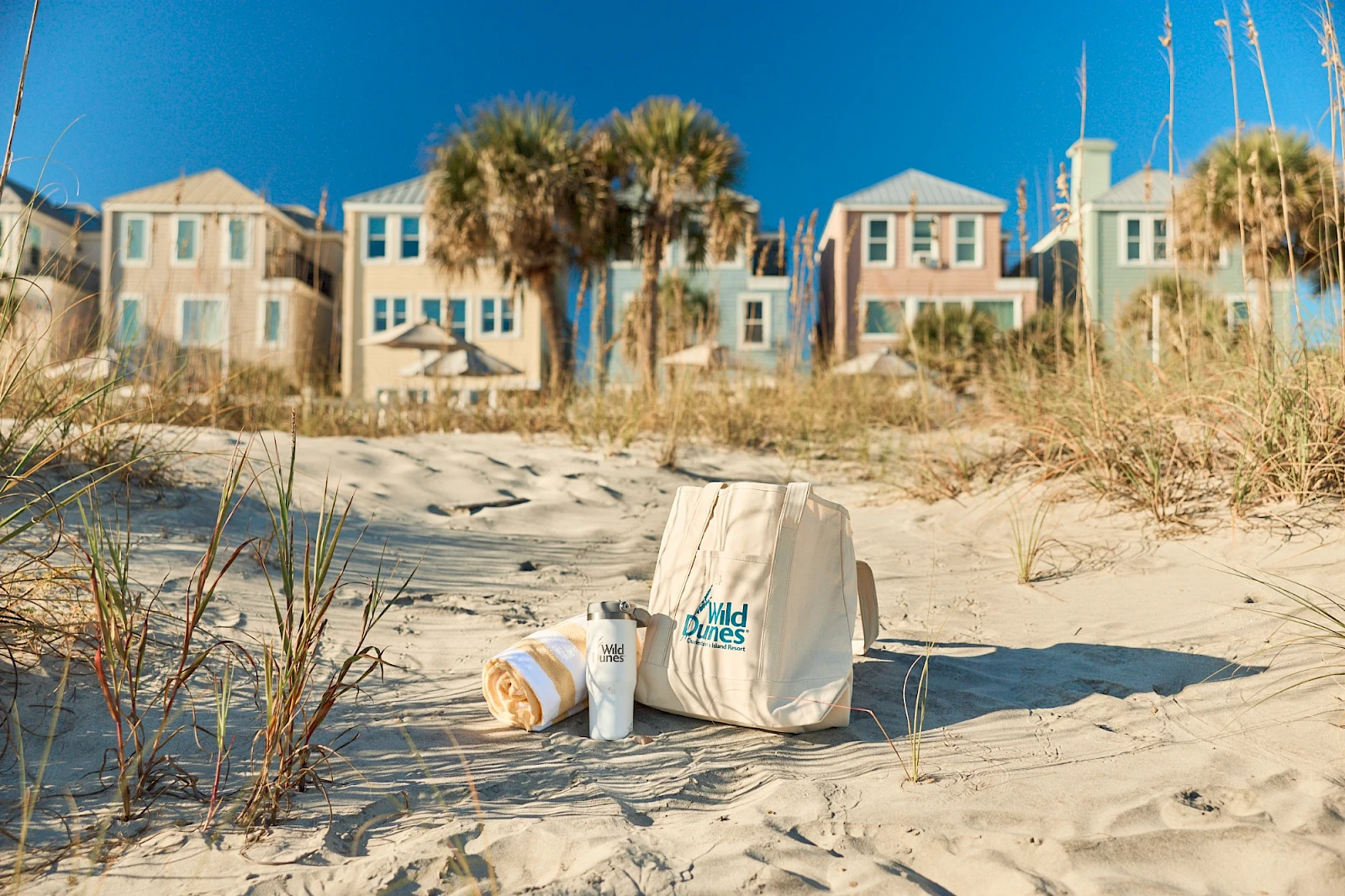 A beach scene with sand, sea oats, and a few striped houses in the background; litter—a takeout cup and a paper bag—on the sand.