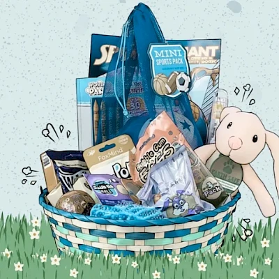 A cute Easter basket filled with treats and goodies, plus a floppy-eared bunny peeking out, set against a grassy, flower-dotted backdrop.