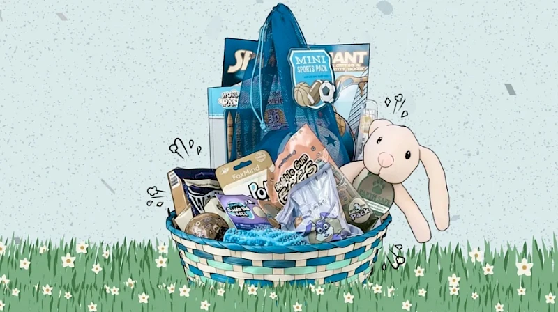 A cute Easter basket filled with treats and goodies, plus a floppy-eared bunny peeking out, set against a grassy, flower-dotted backdrop.