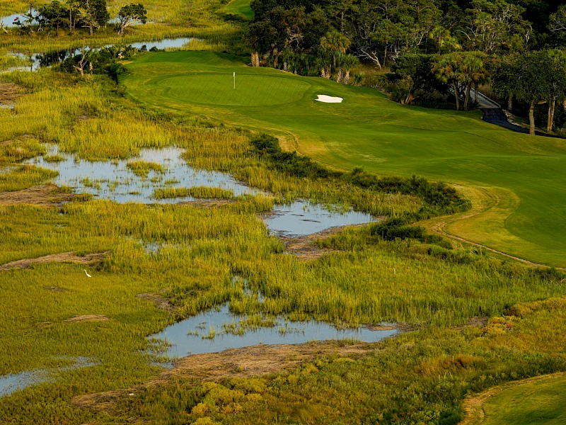 A grassy golf course with vibrant fairway, water-filled marshes, and scattered trees in a sunny landscape.