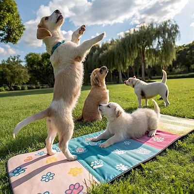 Five playful dogs on a colorful mat in a sunny park, one standing on hind legs, others jumping and wagging, green grass and trees in the background.
