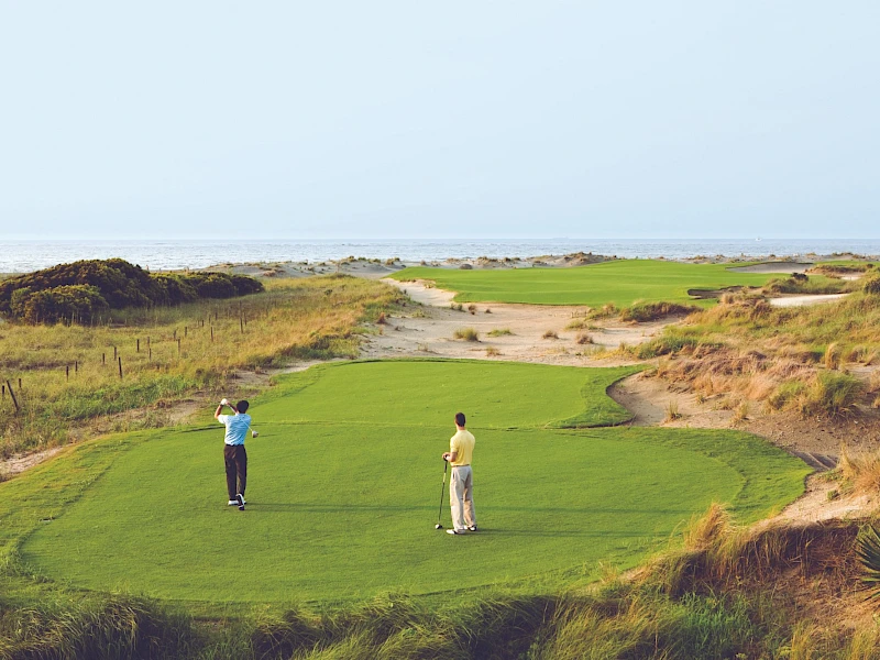 Two golfers stand on a green tee box overlooking a coastal course with rough, sand dunes, and the sea in the distance.