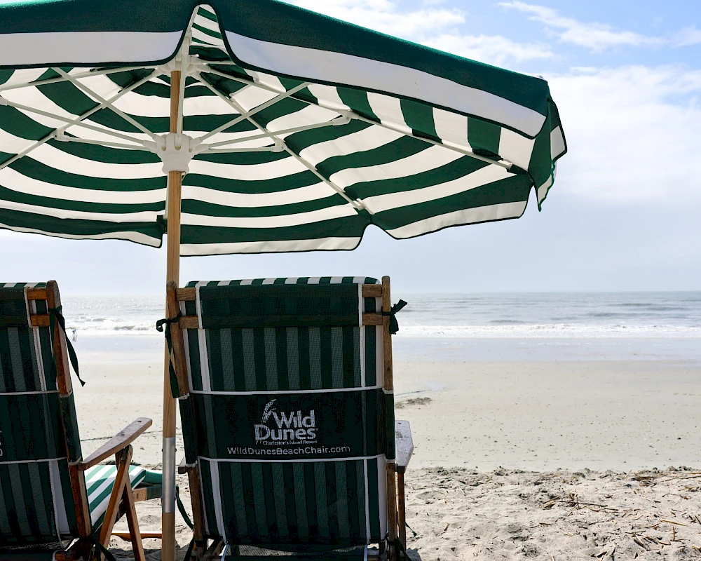 Two striped beach chairs under a green-and-white umbrella face calm waves on a sandy shore, with the sea and sky stretching into the distance.