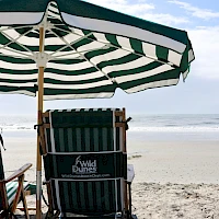 Two striped beach chairs under a green-and-white umbrella face calm waves on a sandy shore, with the sea and sky stretching into the distance.