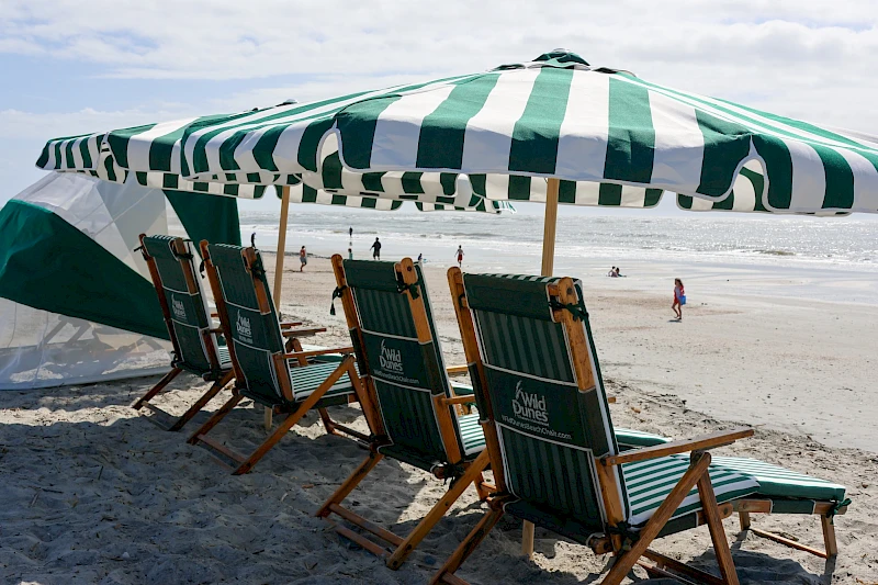 Rows of empty beach chairs under a green-and-white striped umbrella on a sunny shoreline.
