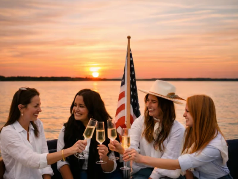 A group of four women cheers with champagne on a boat at sunset, American flag visible, enjoying a festive moment. End.