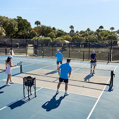 People playing pickleball on outdoor courts with a net, paddles, and ball; others watch nearby under sunny skies.