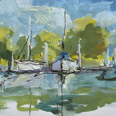A watercolor of small boats near a calm, reflective harbor with green trees and blue sky, loose brushstrokes capturing light and color.