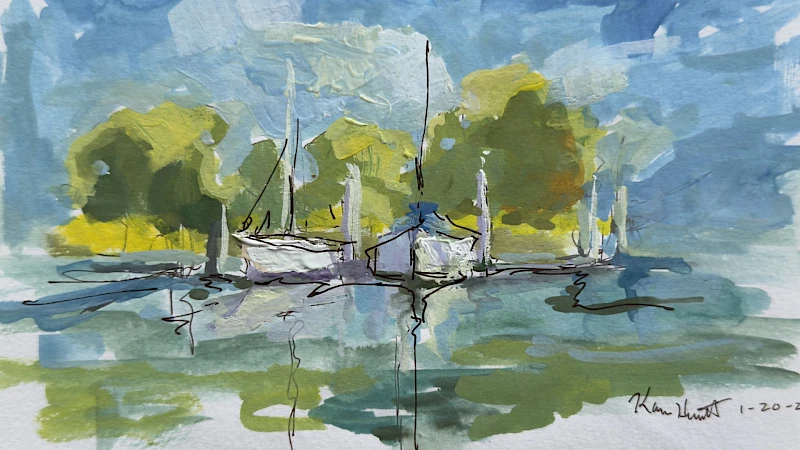 A watercolor of small boats near a calm, reflective harbor with green trees and blue sky, loose brushstrokes capturing light and color.